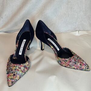 Manolo Blahnik Taylerbi Tweed D'orsay Size 37.5 Pointed Toe Unique Multicolor